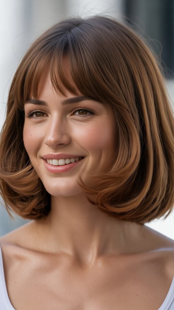 22. Long Bob with Curtain Bangs for Square Faces