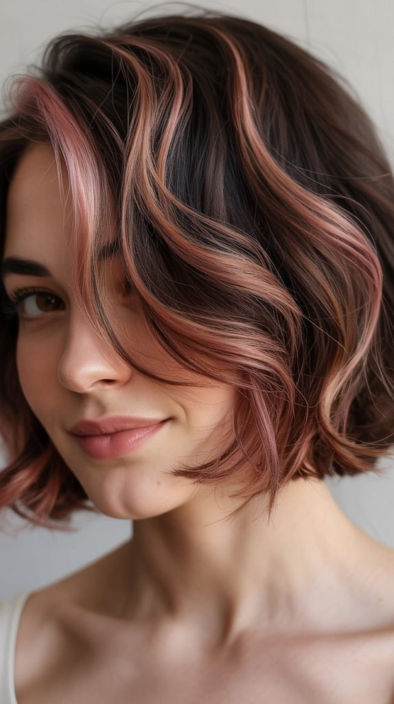 19. Rose Gold Highlights on Dark Brunette