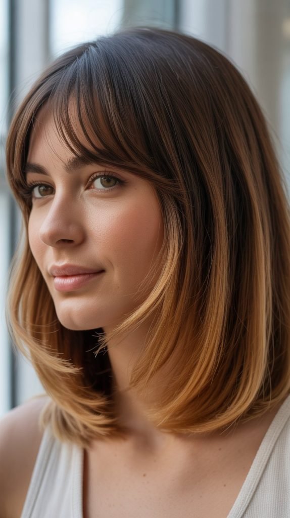 18. Ombré Long Bob with Highlighted Curtain Bangs