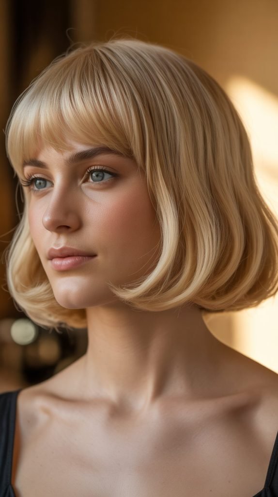 15. Vanilla Blonde Bob with Side-Parted Curtain Bangs