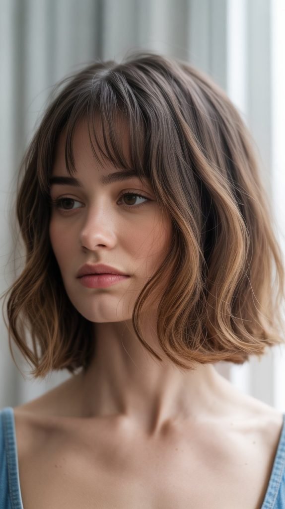 22. Textured Long Bob with Baby Curtain Bangs