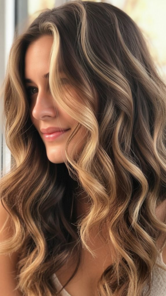 22. Chunky Highlights on Wavy Brown Hair
