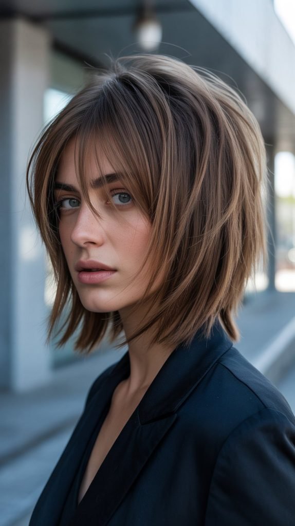  Layered Angled Long Bob with Choppy Curtain Bangs