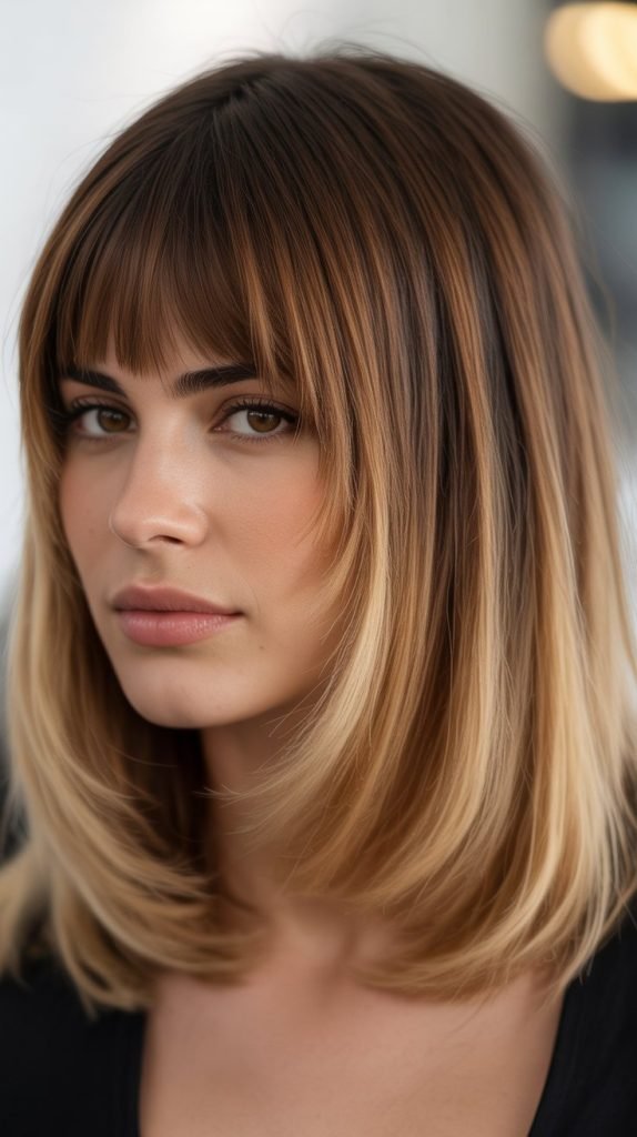 17. Long Bob with Curtain Bangs and Root Shadow