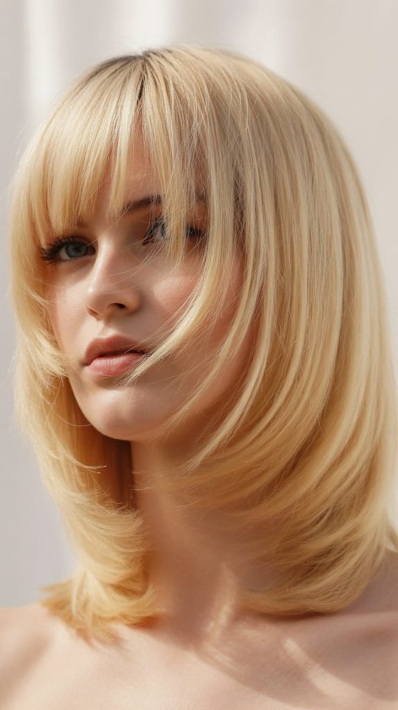 Butter Blonde A-Line Bob with Feathered Curtain Bangs