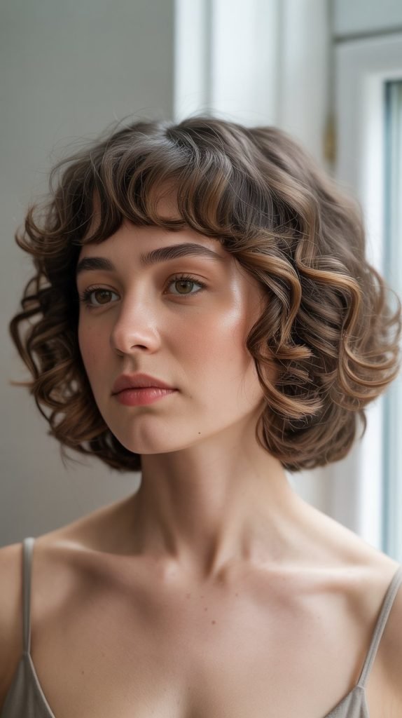 13. Long Bob with Curtain Bangs for Round Face Shapes