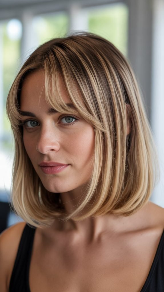 Blonde Balayage Bob with Curtain Bangs
