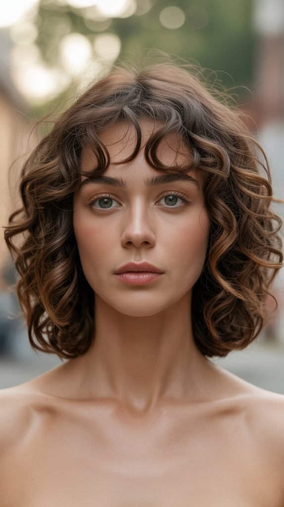 Curly Bob with Curtain Bangs for Heart-Shaped Faces
