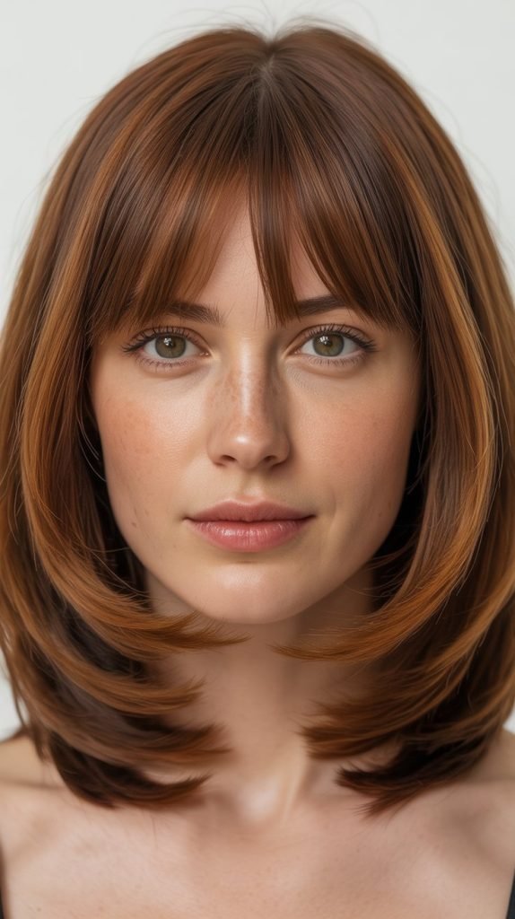 Long Bob with Curtain Bangs for Heart-Shaped Faces