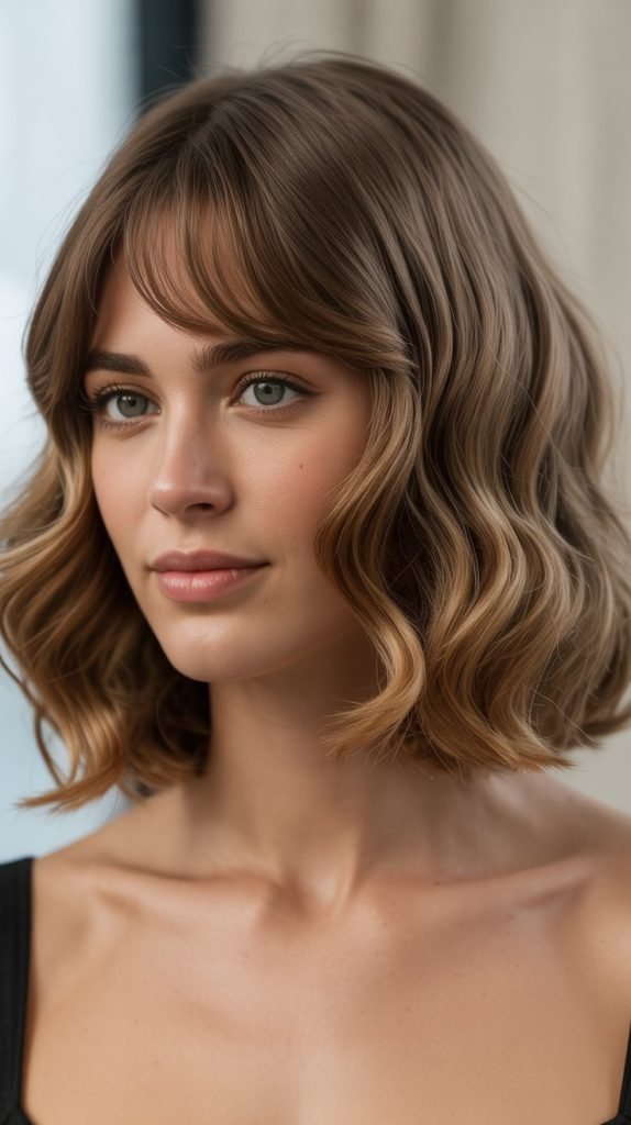 21. Wavy Long Bob with Curtain Bangs for Square Faces