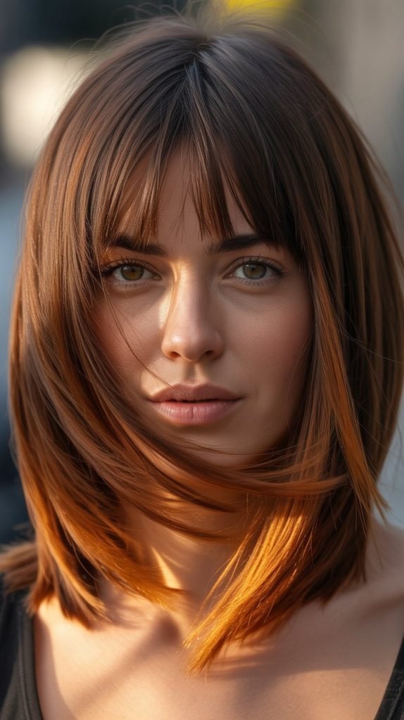 Long Bob with Curtain Bangs and Peekaboo Highlights