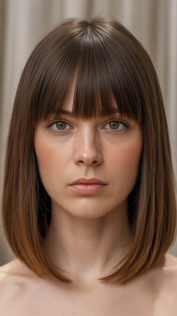 24. Long Bob with Blunt Curtain Bangs