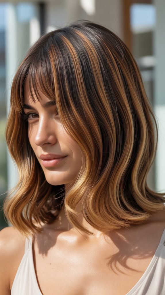 8. Long Bob with Curtain Bangs and Balayage
