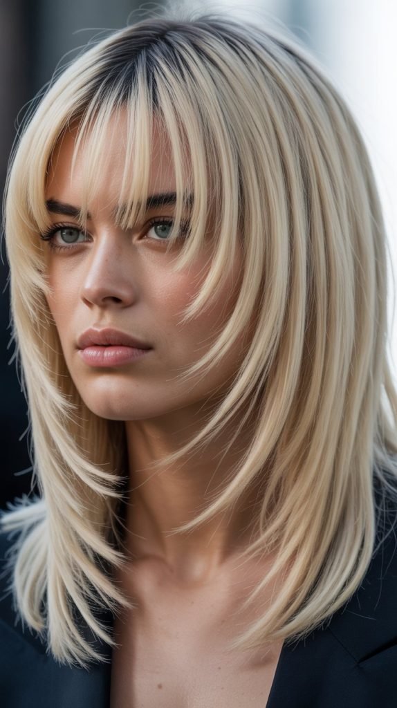  Angled Long Bob with Curtain Bangs and Deep Side Part