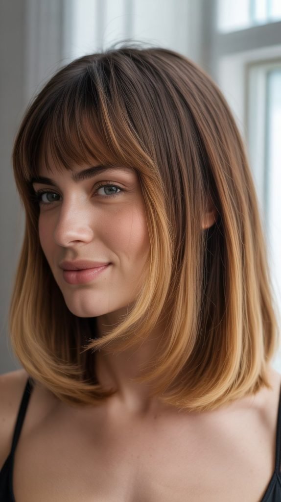  Lob with Curtain Bangs and Subtle Ombré