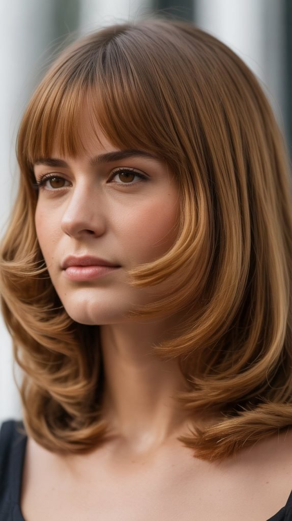 17. Long Bob with Curtain Bangs for Round Faces