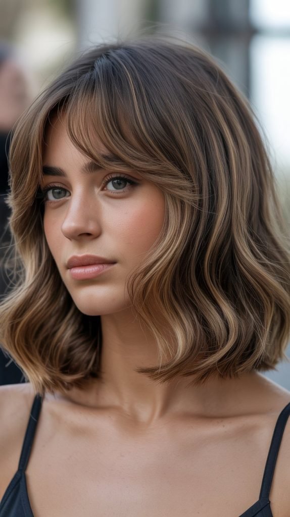 9. Wavy Long Bob with Curtain Bangs and Face-Framing Layers