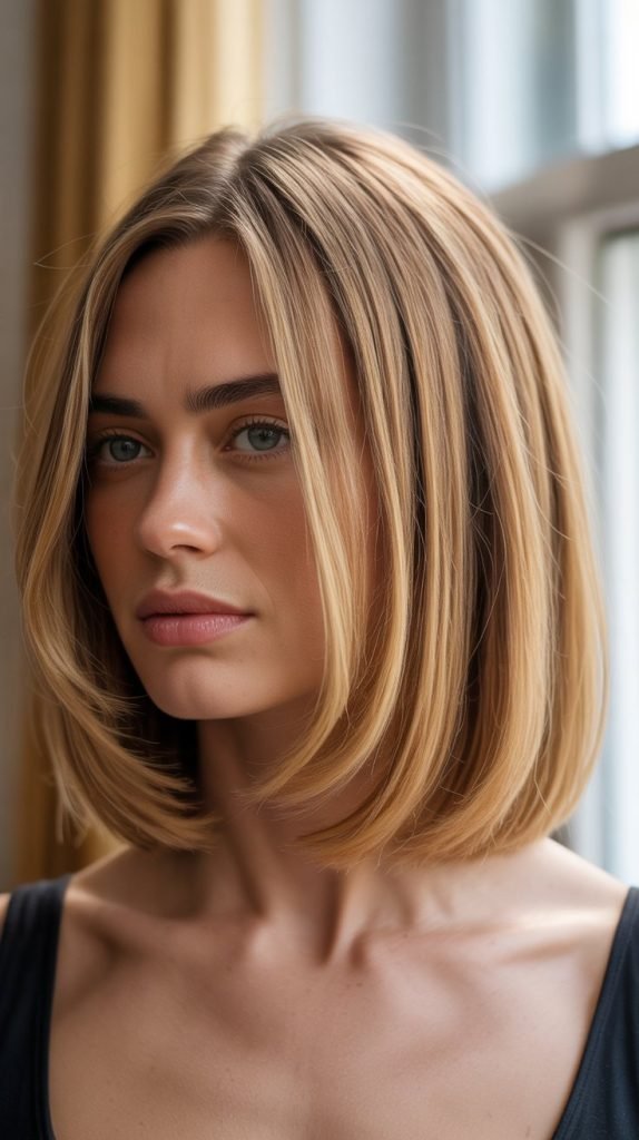 Wheat Blonde Bob with Curtain Bangs and Highlights