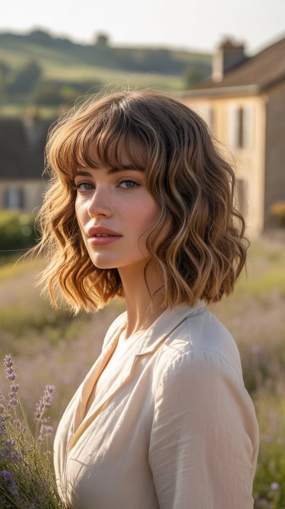 5. Wavy Long Bob with Romantic Curtain Bangs