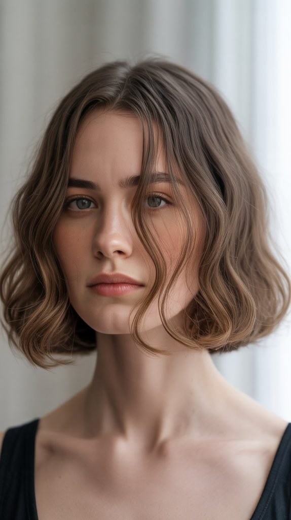 7. Subtle Wavy Bob with Barely-There Curtain Bangs