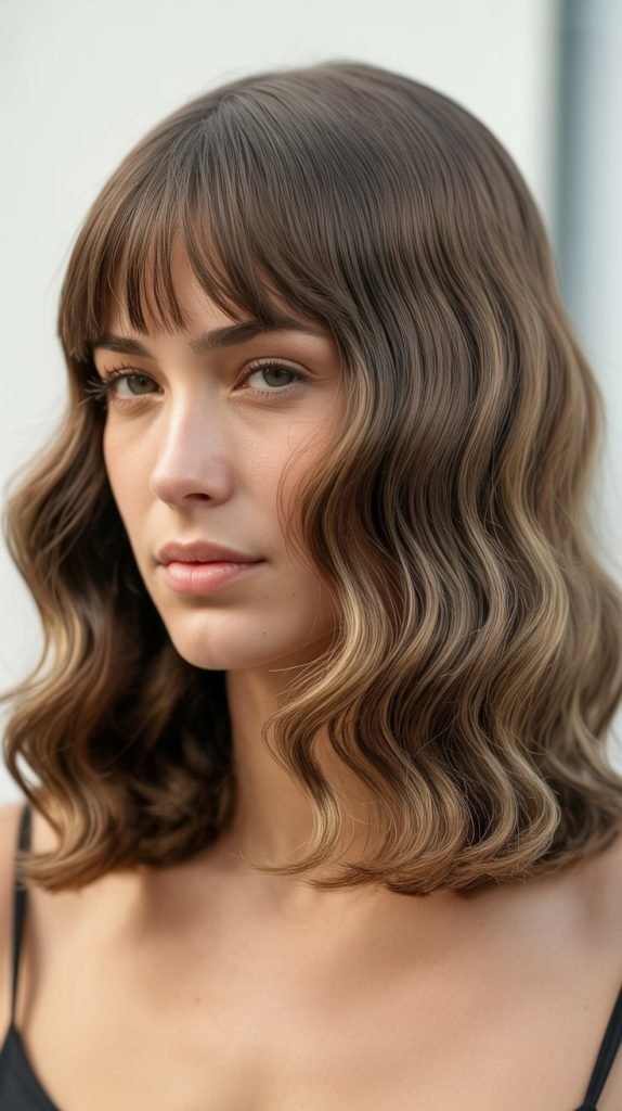 20. Wavy Long Bob with Curtain Bangs for Round Faces