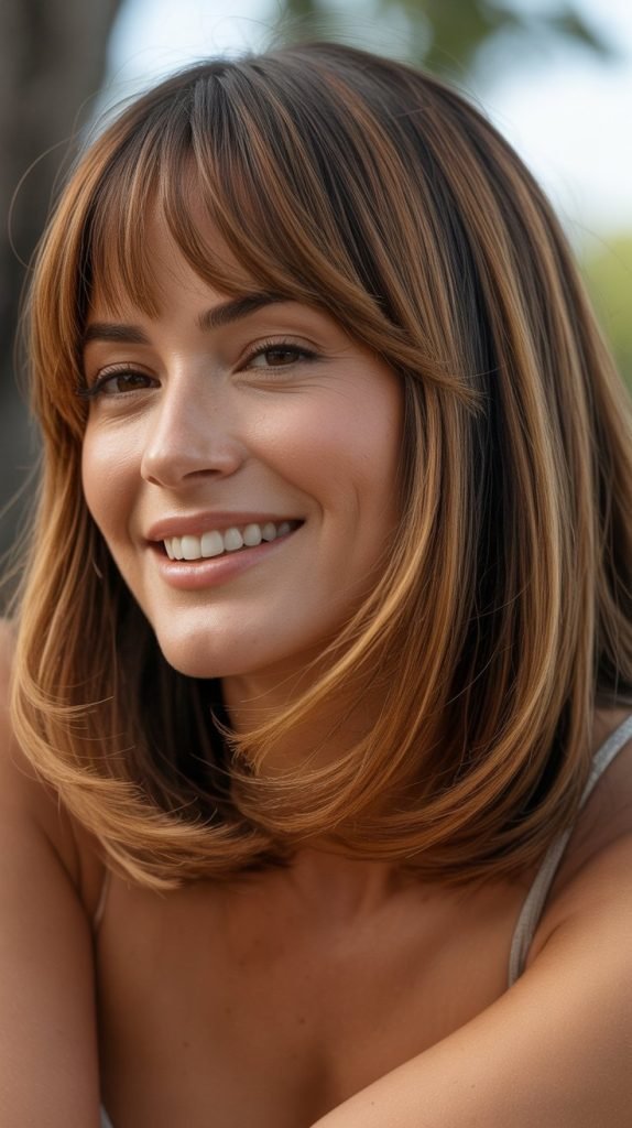 26. Long Bob with Curtain Bangs and Caramel Highlights