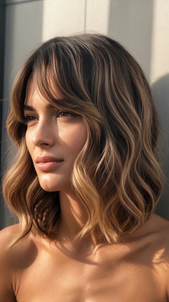 Textured Lob with Curtain Bangs and Money Pieces