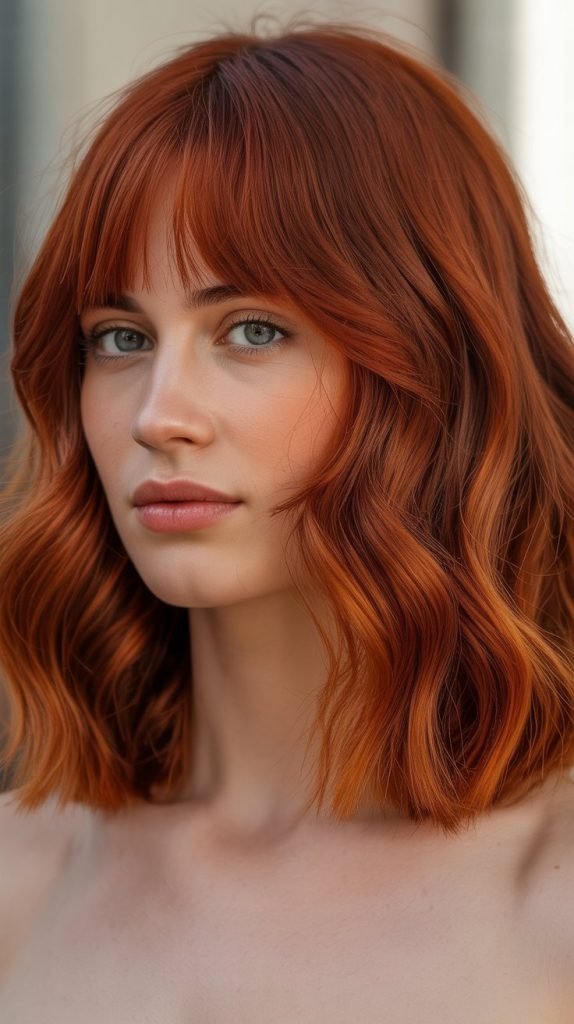 23. Wavy Long Bob with Curtain Bangs and Red Tones