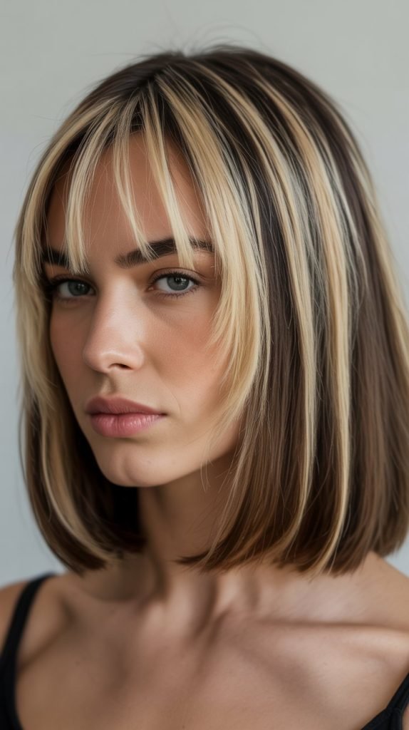  Long Bob with Curtain Bangs and Money Piece Highlights