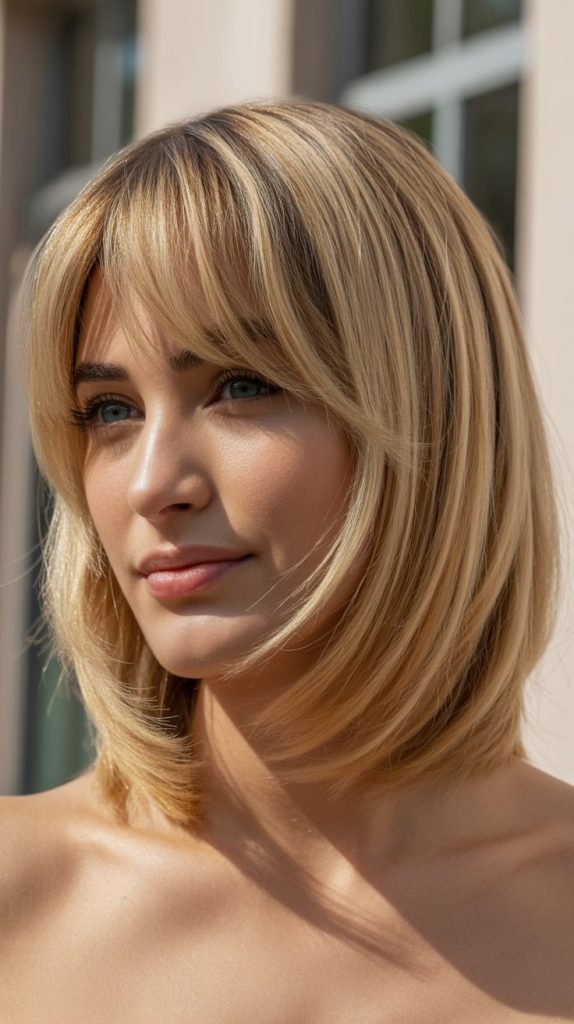 20. Long Bob with Curtain Bangs and Highlights Throughout