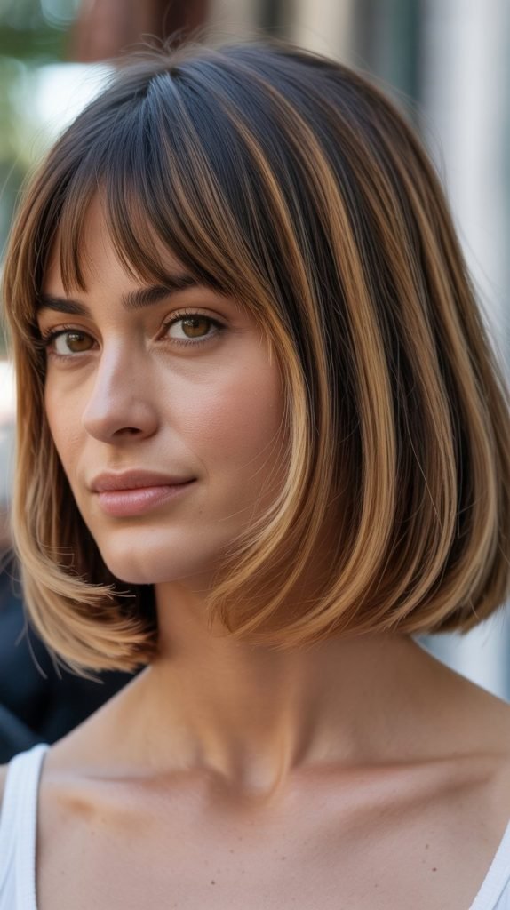 Long Bob with Curtain Bangs and Lived-In Color