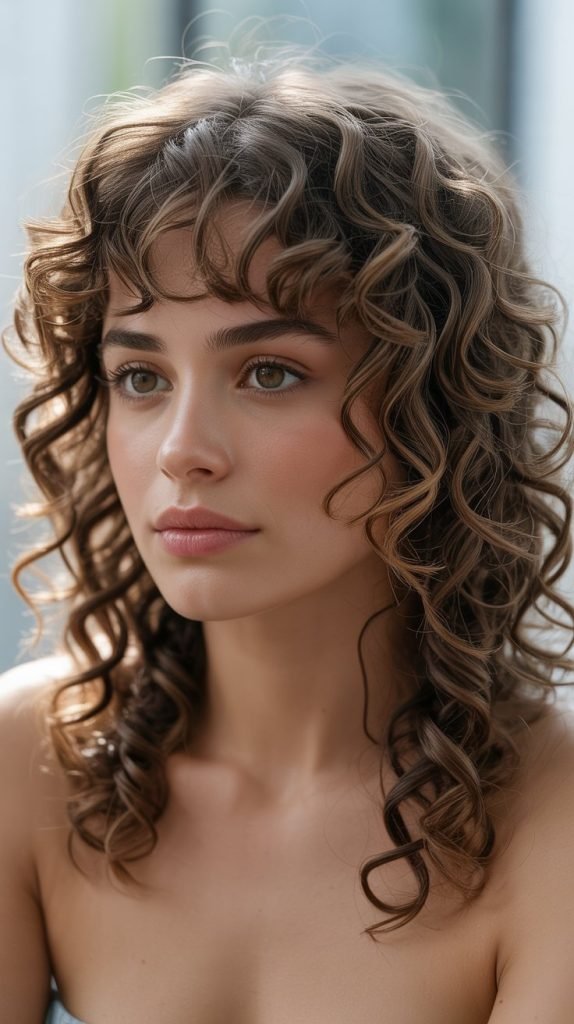  Curly Long Bob with Defined Curtain Bangs