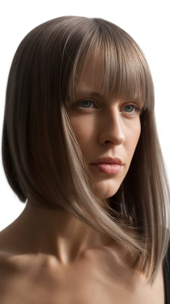 8. Asymmetrical Long Bob with Angular Bangs