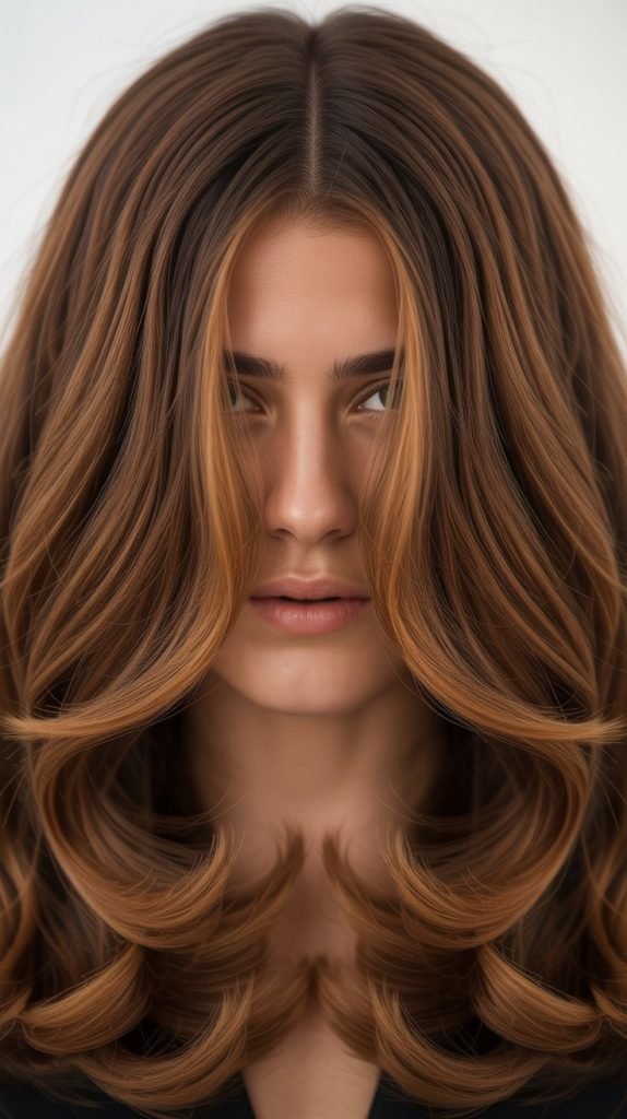 Caramel Highlights on Layered Hair with Middle Part