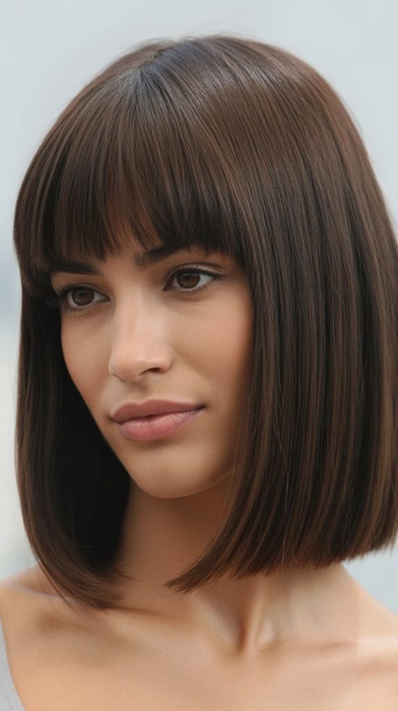 Straight Long Bob with Curved Curtain Bangs