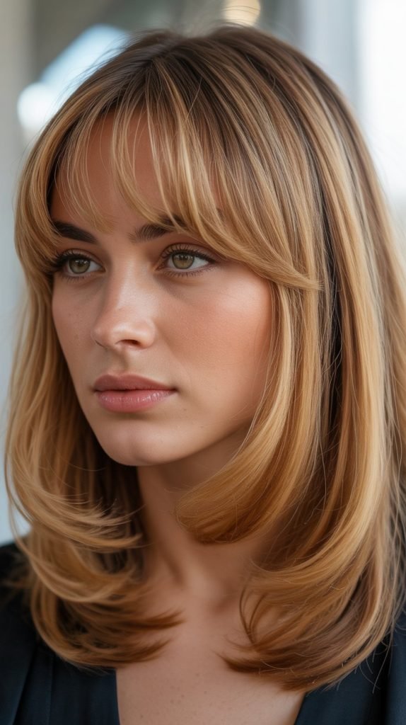 17. Long Bob with Curtain Bangs and Lowlights