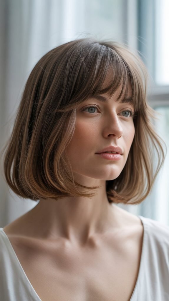  Long Bob with Wispy Curtain Bangs and Face-Framing Layers