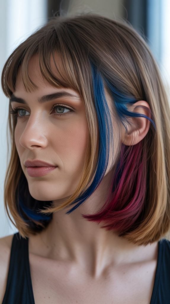  Long Bob with Curtain Bangs and Peek-a-Boo Highlights