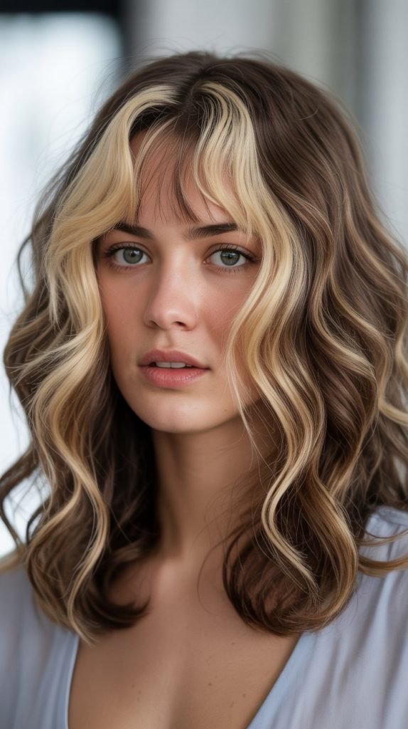 22. Wavy Long Bob with Curtain Bangs and Money Pieces