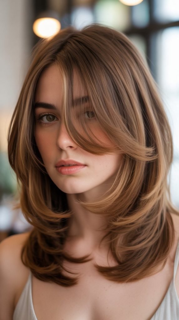 19. Layered Long Bob with Side-Swept Curtain Bangs