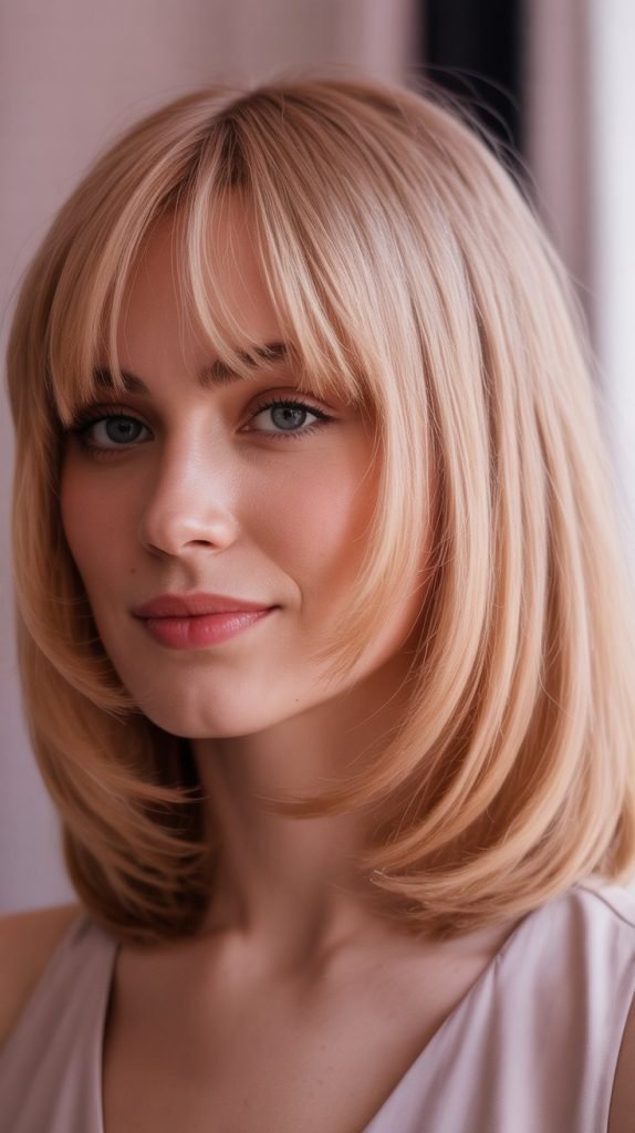 Champagne Rose Blonde Bob with Curtain Bangs