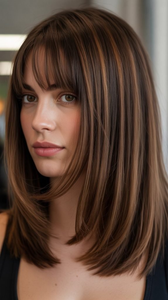 . Long Bob with Curtain Bangs and Lowlights