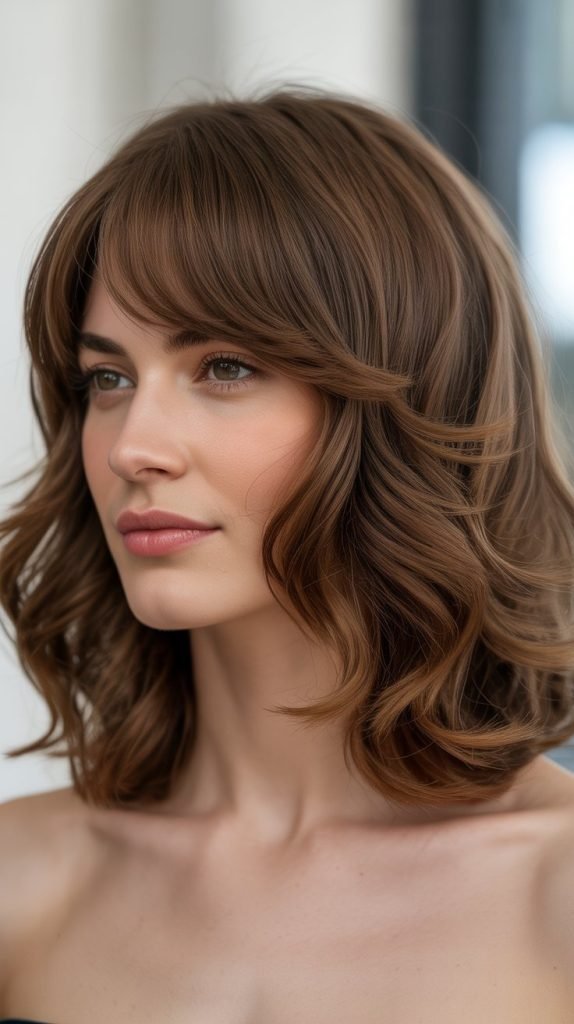 12. Wavy Long Bob with Curtain Bangs for Thick Hair