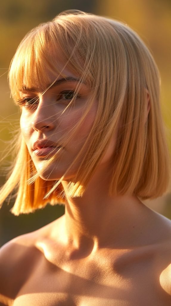 Golden Blonde Bob with Side-Swept Curtain Bangs