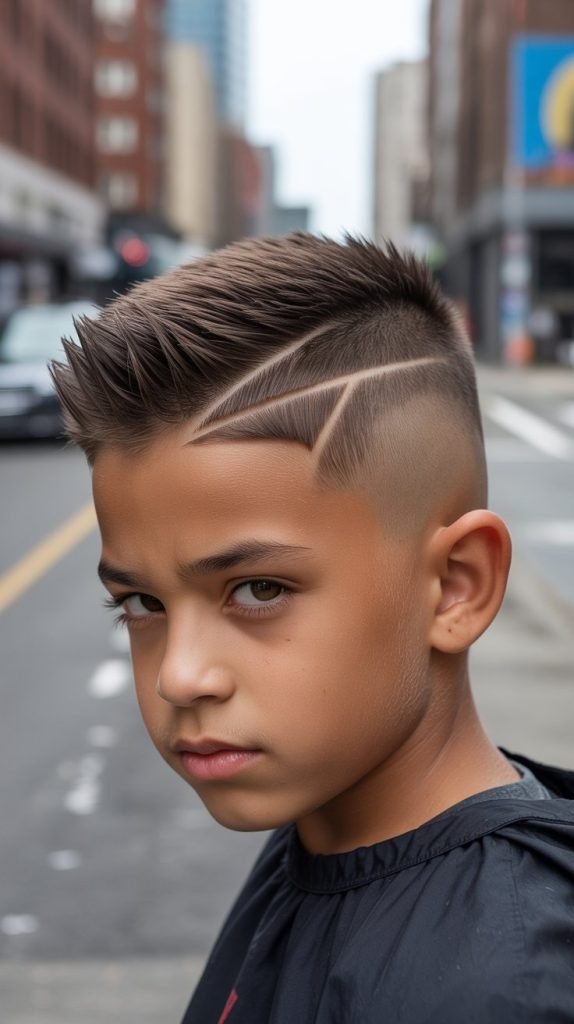 Image Prompt: Realistic photo of a young boy with a drop fade and styled faux hawk running down the center, confident expression, urban background.