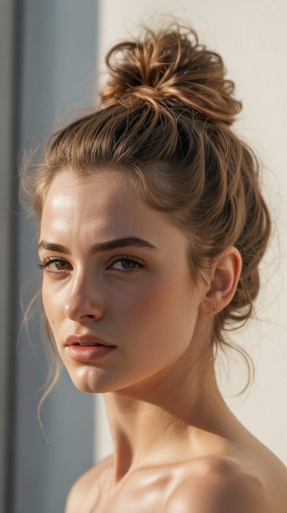 2. Messy Top Knot with Face-Framing Pieces