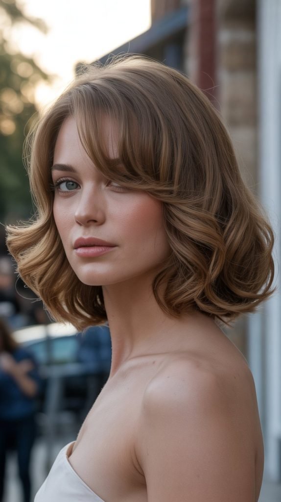 . Wavy Long Bob with Side-Swept Bangs