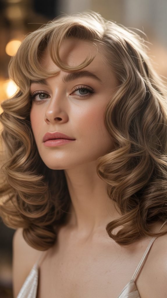 Lob with Side-Swept Curtain Bangs and Soft Curls