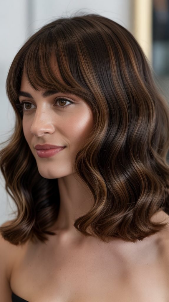 25. Wavy Long Bob with Curtain Bangs and Dark Brunette