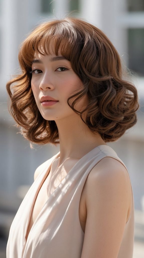 13. Romantic Curled Long Bob with Soft Curtain Bangs